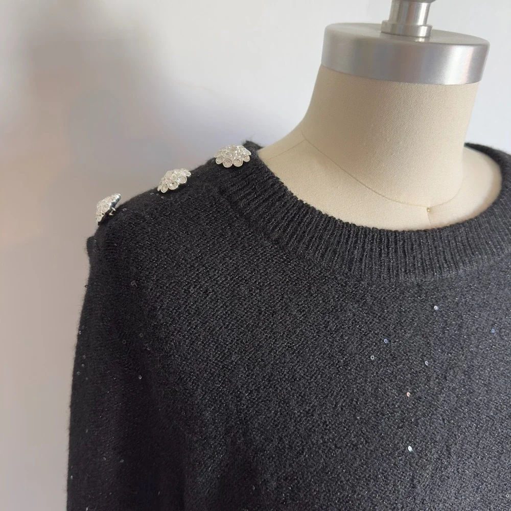 Lilly Pulitzer Morgen Sequin Holiday Sweater in Onyx Black Metallic Sequin-Large